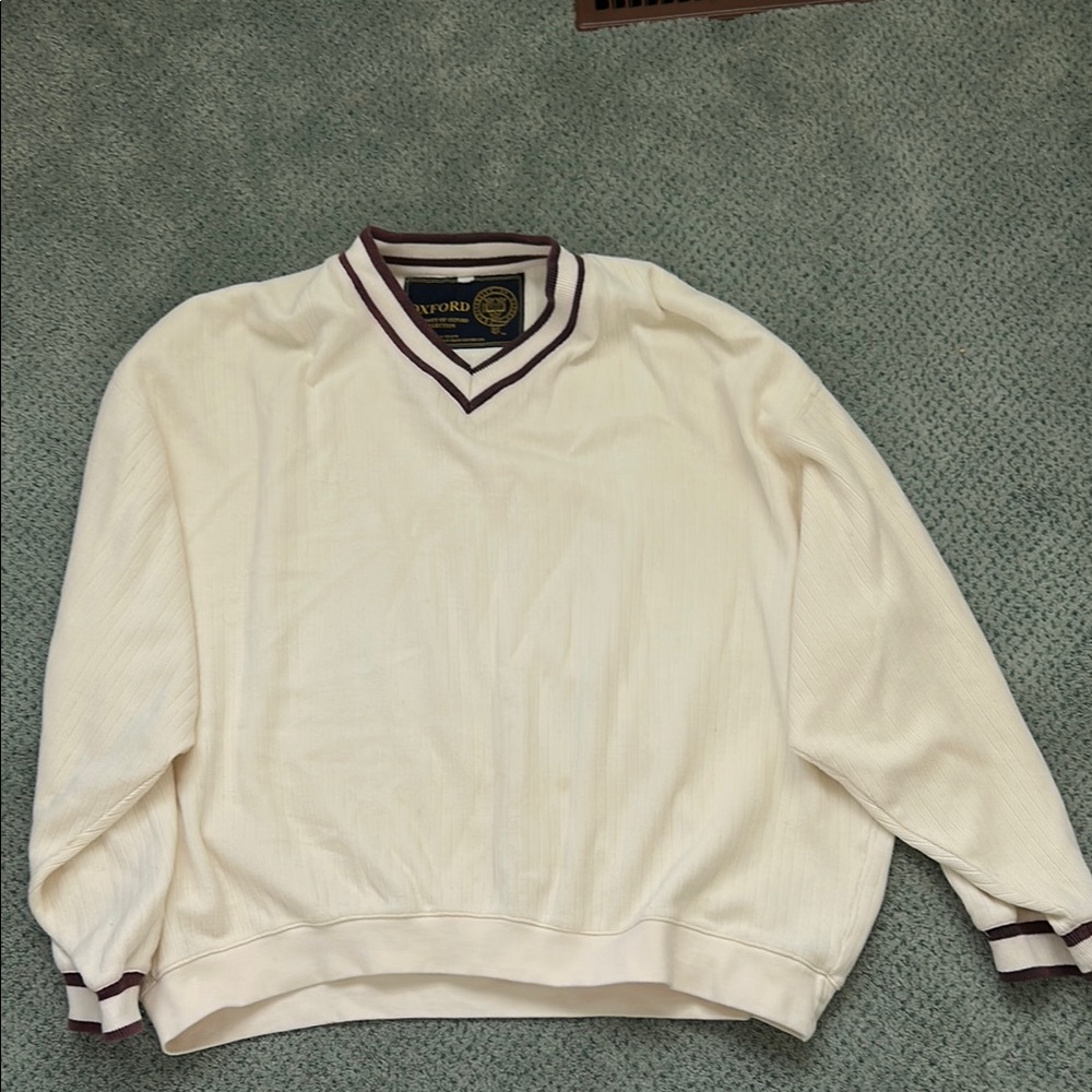Oxford V-Neck Sweater - Cream with Maroon Trim